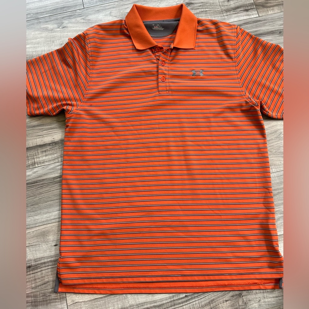 Under Armour Men's Orange Striped Golf Polo Shirt Heat Gear Athletic Size Large